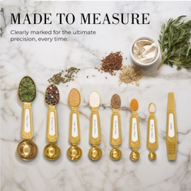 White and Gold Measuring Spoons with Leveler - Featuring 8PC Upgraded Style, Dual-Sided, Stackable, Stainless Magnetic Measuring Spoons Set - Fits in Spice Jars, White and Gold Kitchen Accessories