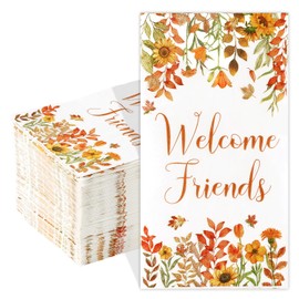 Quera 100 Pcs Welcome Friends Fall Guest Napkins Autun Leaves Disposable Paper Napkins Hand Towels Thanksgiving Fingertip Napkins for Kitchen Fall Harvest Party Dinners or Events​ Decorations