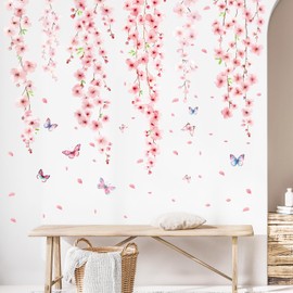 Cherry Blossom Flower Vine Wall Sticker Peel and Stick, Vinyl Haing Floral Wall Decal, Hanging Vine Wall Decor Art Home Decoration for Living Room Bedroom