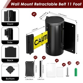 kaiyomi 11 Feet Fixed Wall Mount Retractable Belt, Stainless Steel Spring Expansion Belt, Crowd Control Barriers with Black Steel Case (Caution-Do not Enter Belt)