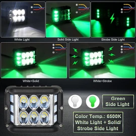 Dual Side Shooter LED Lights, 4 inch LED Pod Lights with Green DRL Solid&Strobe Off Road LED Driving Light Pods for Tractor Plow Truck ATV UTV SUV 4x4 Boat Motorcycle, 1818SG24
