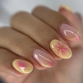 Press on Nails Short Almond SWEKKE French Tip Fake Nails False Nails with Designs 3D Flower Yellow & Pink Stick on Nails Glossy Glue on Nails Acrylic Nails for Women Girls 24 Pcs