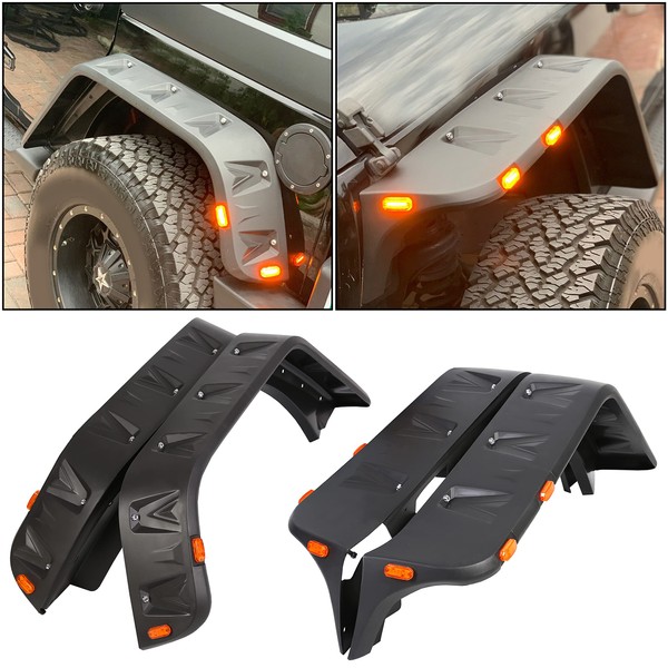ECOTRIC Fender Flares Compatible with 07-18 Jeep JK Wrangler With 10x LED Amber Side Marker Pocket Rivet Style Front Rear (4pcs)