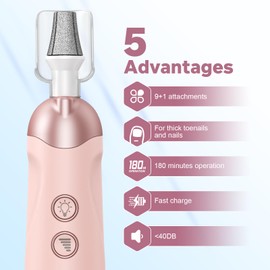 AOMEES Electric Nail Cutter Set, Manicure Pedicure Set, Foot Care Electric with 9 Attachments for Nail Care, with 5 Speeds, LED Light, Storage Bag (Deep Pink)