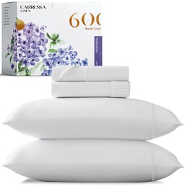 Carressa Linen Luxury Egyptian Cotton 4 PC Full Size Sheet Set - 600 Thread Count Deep Pocket Fitted and Flat Sheets, Soft, Cooling Extra Long Staple Hotel-Quality Bedding with Sateen Weave - White