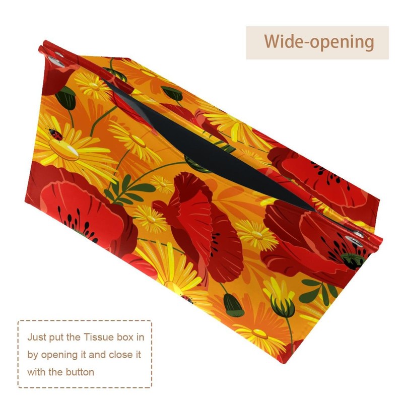 2 Pack Tissue Box Cover Holder, Poppy Flowers Ladybird Rectangle