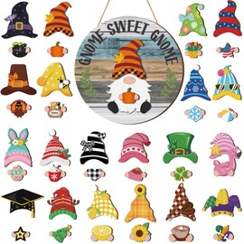 Wenqik 41 Pcs Interchangeable Gnome Decor Holiday Wooden Seasonal Gnome Decor Detachable Magnet Hat and Hand Welcome Sign for Home Decoration(Vintage,Multicolor)