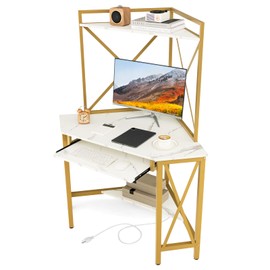 Tangkula Corner Desk with Hutch & Charging Station, Space-Saving Computer Desk with Shelves & Keyboard Tray, Triangle Home Office Desk with Metal Frame, Corner Desk for Small Space