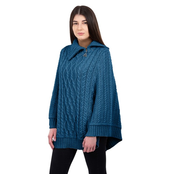 SAOL Irlanda - Poncho con cierre para mujer, 100% lana merina, verde azulado, L-XL