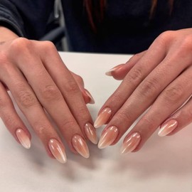 SXVME Ombre Pink Chrome Press On Nails Almond - Summer Press On Nails Medium Stiletto, Glazed Donut Gradient Pink Fake Nails with Glue, Fit Perfectly, Shiny Soft Gel Stick on Nails for Women, 24 Pcs