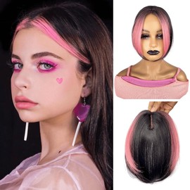 VAVANGA Long Hair Topper with Bangs Clip in, 3D French Bangs Topper Black with Pink Highlight Color Wispy Bangs 10inch Curtain Bangs Fake Fringe 360°Cover Clip in Hair Piece for Women(10'', #P1BPINK)