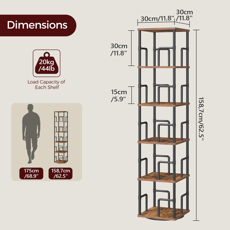 MAHANCRIS 5-Tier Rotating Bookshelf, Freestanding Corner Bookshelf, 360° Spinning Bookcase,
