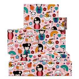 Girls Birthday Wrapping Paper - 6 Sheets Pink Wrapping Paper - Cute Japanese Character - For Women, Friends - Sushi Ramen - With Funny Stickers - By Central 23