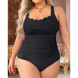 Aqua Eve Women Plus Size Swimsuits One Piece Tummy Control Bathing Suits Retro Scalloped Twist Front Swimwear Black 20W