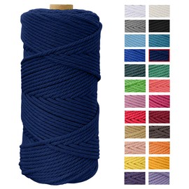 Macrame Cord 4mm x 109 Yards, JeogYong Thick Natural Cotton Cord Yarn Thread, 4-Strand Twisted Spool Twine String Cotton Rope for DIY Crafts, Wall Hangings, Plant Hangers, Home Decorations (Dark blue)