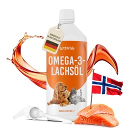 Petsly Lachs?l Hund & Katze C 1L Salmon Oil for Dogs C 100?% Wildlachs?l aus Norwegen C Lachs?l Hunde & Katzen C Omega 3 6 9 & Vitamin E C inkl. Pumpe C Kaltgepresst & Bio-Qualit?t