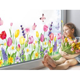 Whaline Spring Tulip Floral Window Cling Stickers Large Flower Butterfly Windows Decals Reusable Colorful Floral Bouquet Window Decoration for Party Home Shop Display, 2 Sheets
