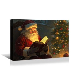 Christmas Canvas Murals Horse Drawn Sleds Santa Claus Christmas Trees Rural Style Home Decor Hanging Paintings Decorationscolor: Brown, size: 30*20in