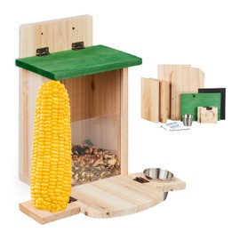 Relaxdays Squirrel Feeder Construction Kit, Wood, Squirrel Feeder with Corn Cob Holder & Bowl, Natural/Green, 1 Piece
