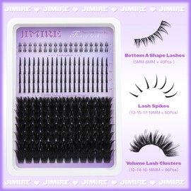 JIMIRE Volume Lash Clusters Kit 12-18MM D Curly Lash Extension Kit with Lash Bond and Seal Thick Fluffy Cluster Eyelash Extensions with Spiky Lash Clusters Bottom Lashes 216Pcs Pack