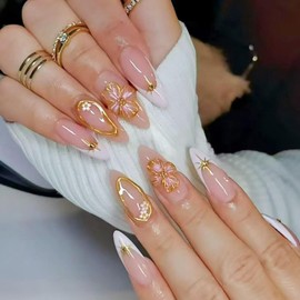Pink Flower Press on Nails White French Tip Fake Nails Medium Almond False Nails with Gold Line Design Glossy Glue on Nails Artificial Acrylic Full Cover Star Stick on Nails for Women Manicure 24Pcs