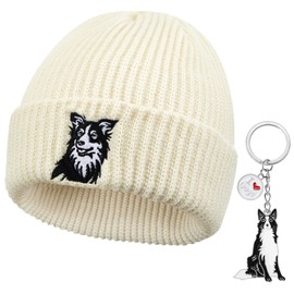 Geyoga Border Collie Dog Beanie Hat and Keychain Unisex Embroidered Beanie Winter Hat and Metal Dog Keyring Christmas Border Collie Owner Gift Idea for Men Women Beige