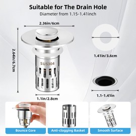Bathroom Sink Drain Stopper, Universal Pop Up Drain for Bathroom Sink Replacement, Sink Drain Cover with Anti-Clogging Filter Basket Hair Catcher, Sink Drain Strainer for 1.1-1.45 Inch