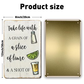 QYAYIK Retro Tin Sign Take Life with a Grain of Salt, A Wedge of Lime and a Shot of Tequila Vintage Metal Sign for Wall Poster for Home Kitchen Bar Pub 12x8 Inch