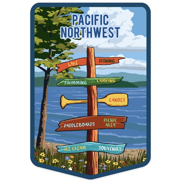 Die Cut Sticker Pacific Northwest, Signpost, Lake and Flowers Vinyl