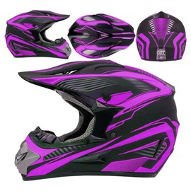 Motocross Helmet,Youth & Kids ATV Dirt Bike Motorcycle Helmet, BMX 4-Wheeler Off-Road Mountain Bike Helmet,DOT Certified,W/Gloves Goggles Mask 4-Piece Set (Purple, Medium)