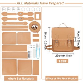 WADORN DIY PU Leather Backpack Bag Making Kit, Leather Shoulder Bag Sewing Complete Kit Handmade Leather Pattern Handbag Stitching All Materials Kit Leather Craft Messenger Bag Purse Kit, Light Brown