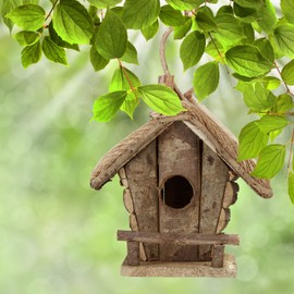 Relaxdays Decorative Bird House for Hanging, Untreated Wood, Balcony, Garden, Nesting Box HBT: 28.5 x 20.5 x 17.5 cm, Natural, B