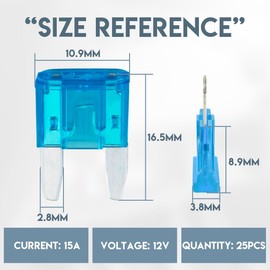 Innfeeltech 25 Stück Mini-Autosicherung, Auto-Flachsicherung 15A mit 2 Kunststoffklammern für Auto, LKW und Motorrad