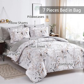 WONGS BEDDING 7 Pieces Botanical Comforter Set Full, Floral Reversible Bed in a Bag Grey Golden Leaves Bedding Set (1 Comforter,2 Pillowcase,2 Pillow Shams,1 Flat Sheet,1 Fitted Sheet)