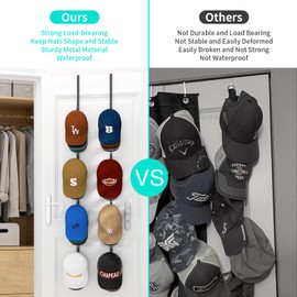 HapiRm Over Door Hat Rack - 2 Packs Hat Organizer with 8 Hooks Design, Hanging Baseball Cap Organizer Storage Holds Up to 40 Caps for Door, Bedroom, Closet (Black)