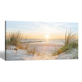 SD SOFT DANCE Coastal Canvas Wall Art Decor: Beach Sunset Scenes Picture Sea Ocean Artwork Seascape Seaside Print Modern Seashore Grass Dunes Painting for Living Room Home Office 48 x 24 Inch