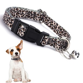 Leopard Print Dog Collars for Small Dogs with Bell, Pretty Cheetah Tiny Puppy Collars Girl Cat Collar with Bells for XS Small Little Pet Female Dogs, Brown S