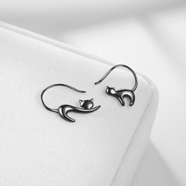Cat Earrings Sterling Silver Black Cat Earrings Pull Through Animal Cat Dangle Earrings Jewellery Gifts for Women Girls, Sterling Silver