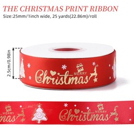 CABODYALS 22.86M 25mm Christmas Grosgrain Ribbon Holiday Ribbon Wired Red Xmas Winter Print Edged Fabric Ribbon with Spool for Wrapping Gifts Making Craft Christmas Tree Party Wreaths Decor Supply