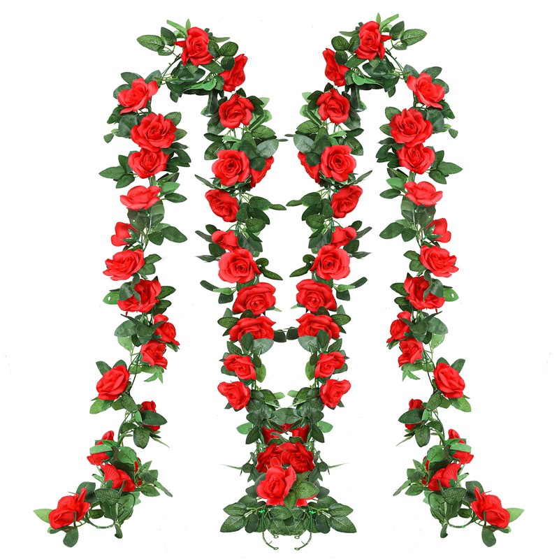 Luyue 2Pack-15ft Fake Red Rose Vine Christmas Garland Artificial Flower