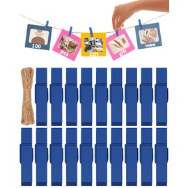 Mini Clothes Pins for Photo, Navy Blue Small Colored Clothespins 100 Pack Wooden Rainbow Colorful Picture Clips with 32 FT String for Crafts, Little Baby Shower, Display Artwork