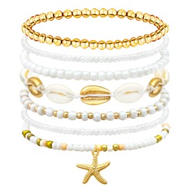 Kotkiddy Bohemian Stackable Heishi Surfer Bracelet Set for Women Elastic Shell Starfish Friendship Bracelets for Summer Beach Parties Holidays