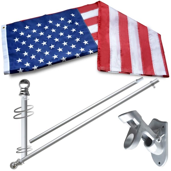 Vedouci USA 3x5 American Flag Kit with Nylon US Flag & No Tangle Spinning 6FT Aluminum Flag Pole & Double Adjustable Flagpole Bracket & Fade Resistant Commercial Grade Embroidered USA Flag Outdoor Flag