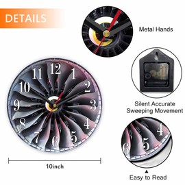 Mxocom Jet Engine Wall Clock Turbine Blade Fan Gear 10 Inch Silent Non Ticking Battery Operated Clock Vintage Round Clock for Living Room Bedroom Bathroom Office Decor