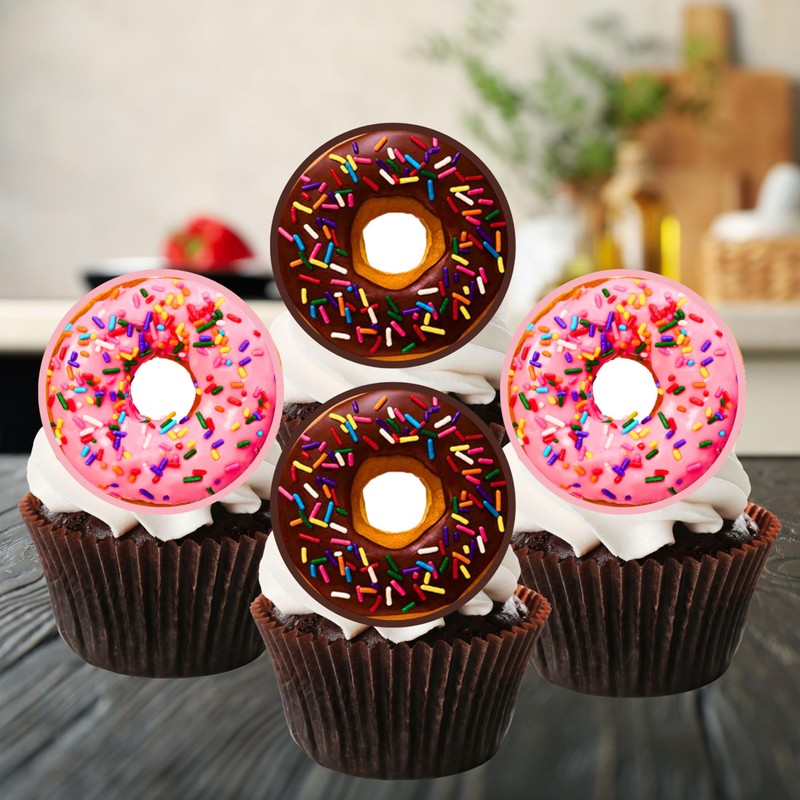24 Doughnuts Edible Cupcake Toppers, (PRECUT Optional) Donuts Premium Thickness