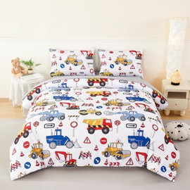 ANGIYUIN 5 Pieces Red Blue Twin Size Comforter Sets for Boys Construction Kids Bedding Sets Cartoon Excavator Tractors Bed in a Bag with Sheets for All Season