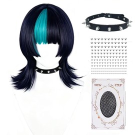 Hoshi Kirara Cosplay Wig with Necklace Nose Stud Stickers,Black Blue Short Anime Wig Costume Party Hair with Cap for Halloween