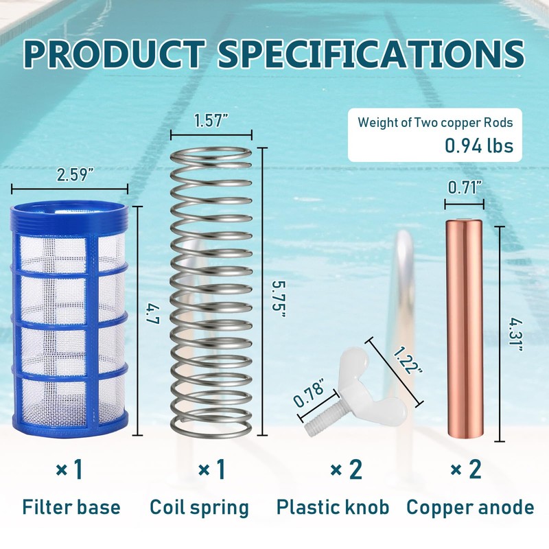 Pool Ionizer Copper Replacement Kit, 7Pcs Copper Anode Replacement Kit
