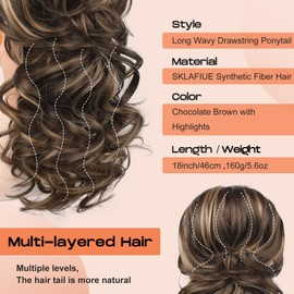 SEIKEA Ponytail Extension, 18" Long Wavy Curly Drawstring Ponytail Multi-layered Fluffy Thick Clip in Hair Extensions Natural Soft Synthetic Hairpiece Chocolate Brown with Highlights