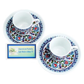 Balgin Turkish Coffee Set 4 Pcs Fancy Set Arabic Porcelain Espresso Cups with Saucers Cape Moda Demitasse (Small) Sets. Includes Two Cups and Two Saucers. (Blue Lily Tulips Design)